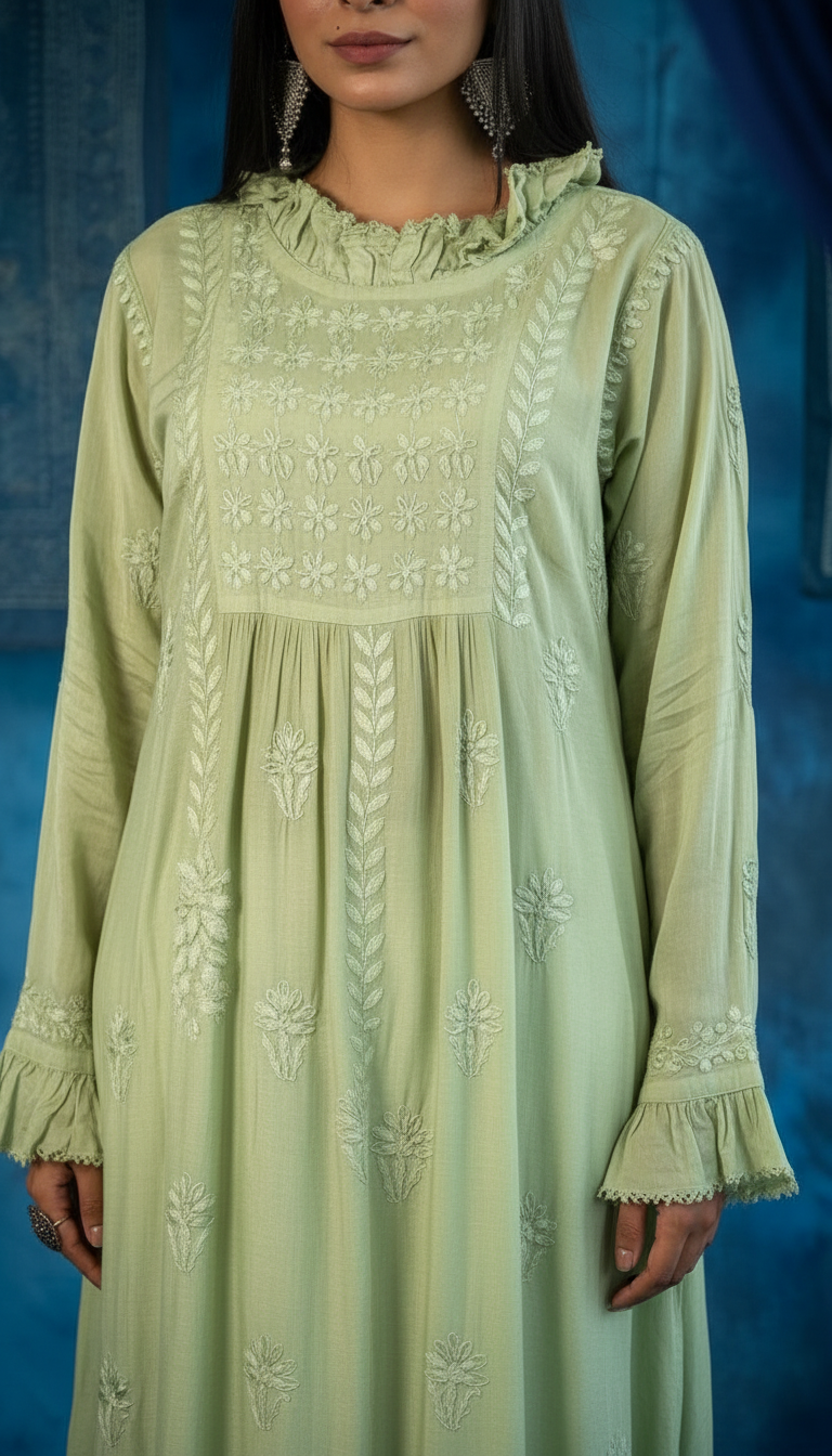 Chikankari Hand Embroidered Muslin A Line Kurti With Ghaas Patti Work view 4