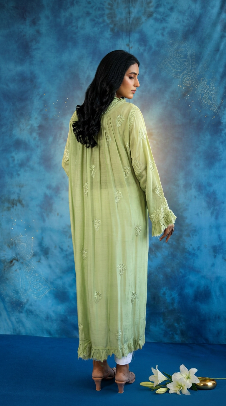 Chikankari Hand Embroidered Muslin A Line Kurti With Ghaas Patti Work view 7