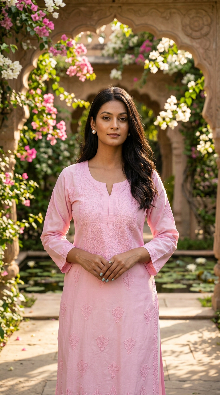 Chikankari Hand Embroidered Chanderi Baby Pink Kurti