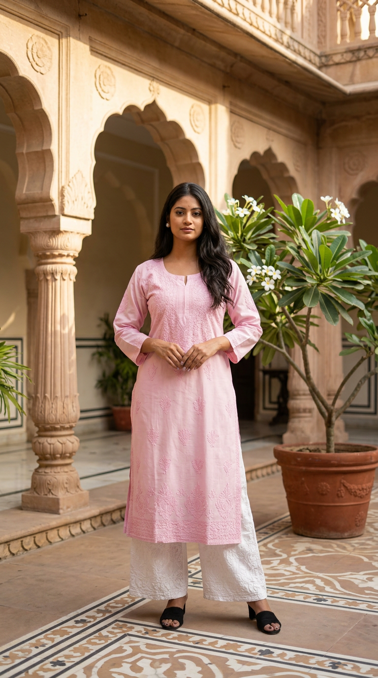Chikankari Hand Embroidered Chanderi Baby Pink Kurti view 2