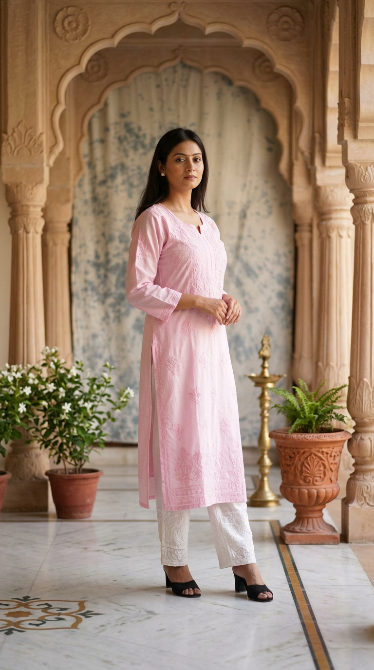 Chikankari Hand Embroidered Chanderi Baby Pink Kurti view 3