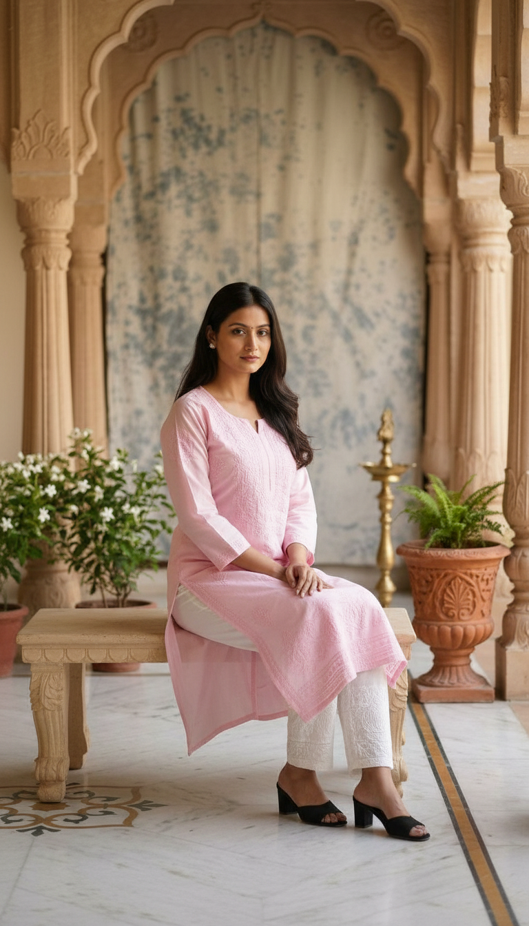Chikankari Hand Embroidered Chanderi Baby Pink Kurti view 4