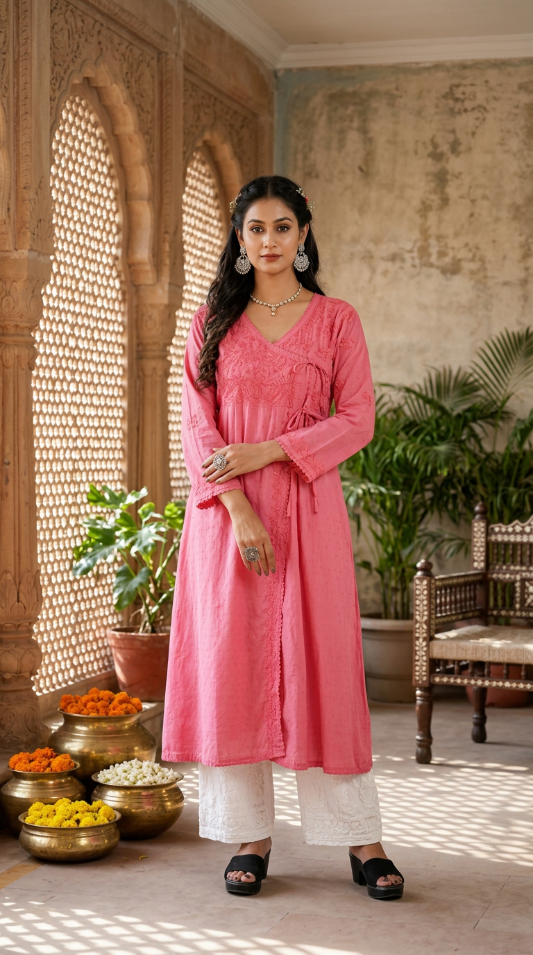 Chikankari Hand Embroidered Angrakha Style Kurti