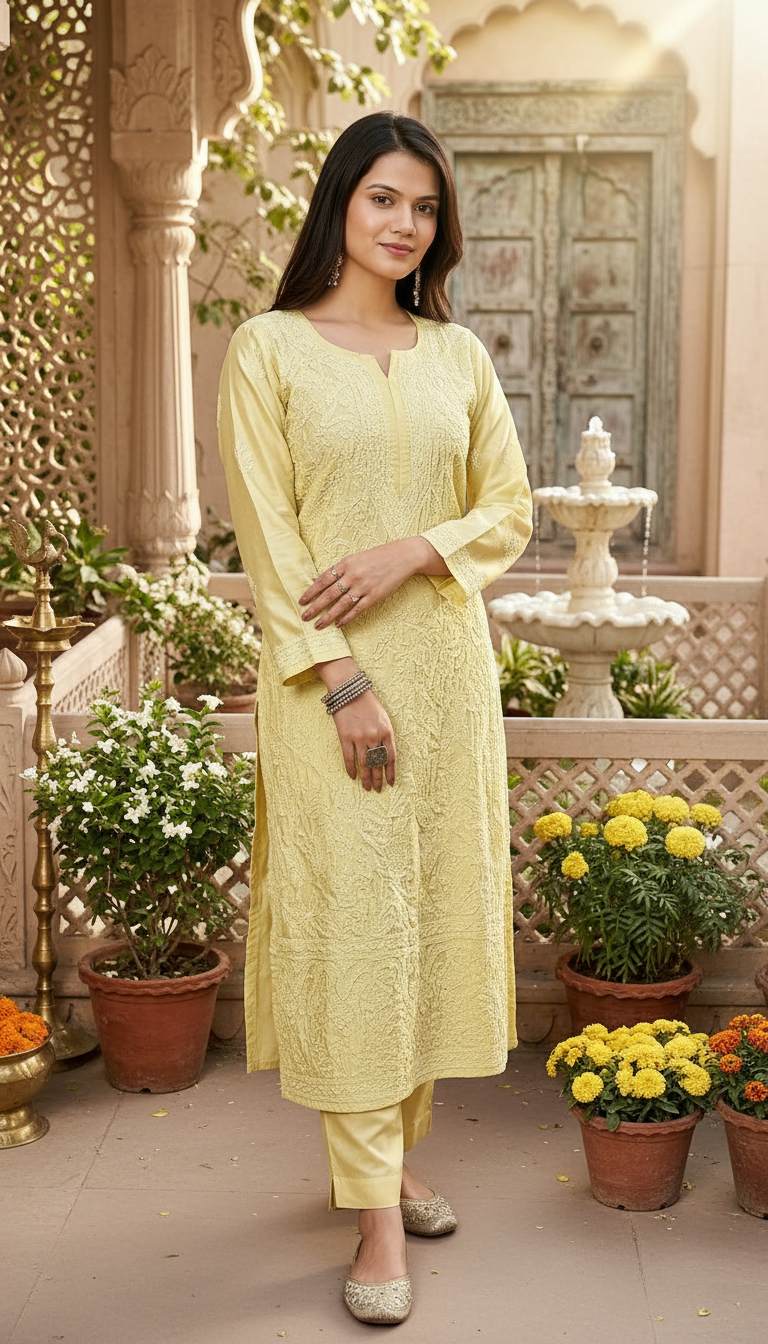 Chikankari Hand Embroidered Chanderi Kurti view 2