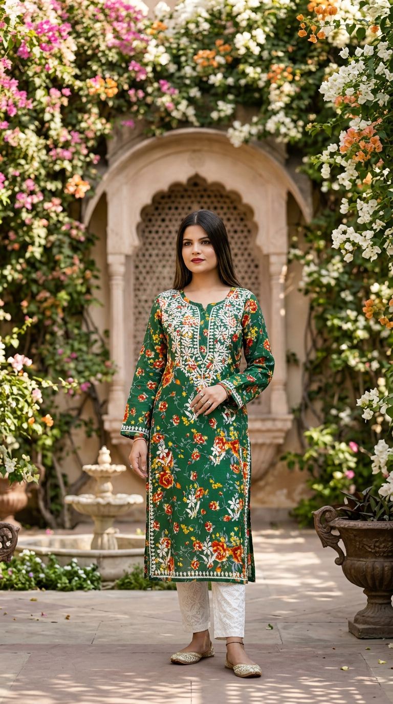 Chikankari Hand Embroidered Printed Kurti