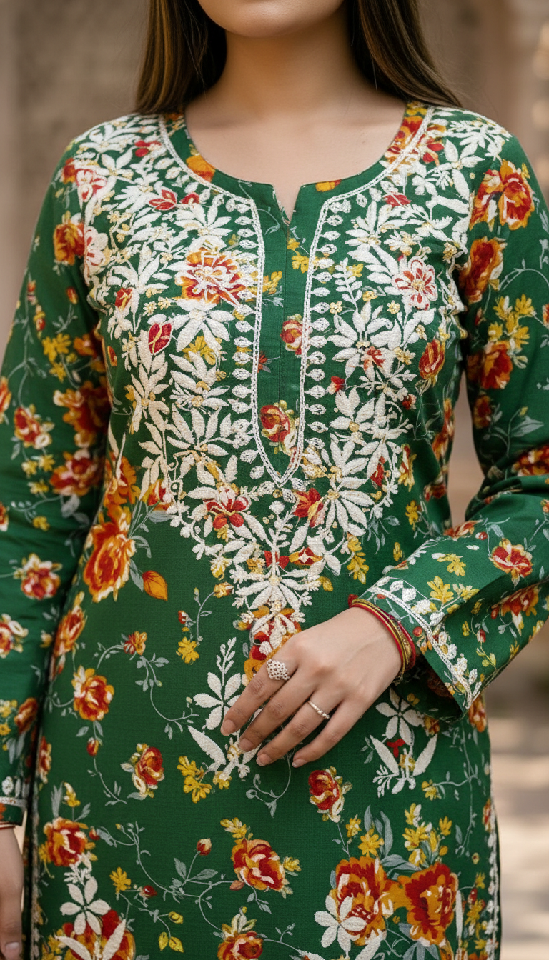 Chikankari Hand Embroidered Printed Kurti view 2