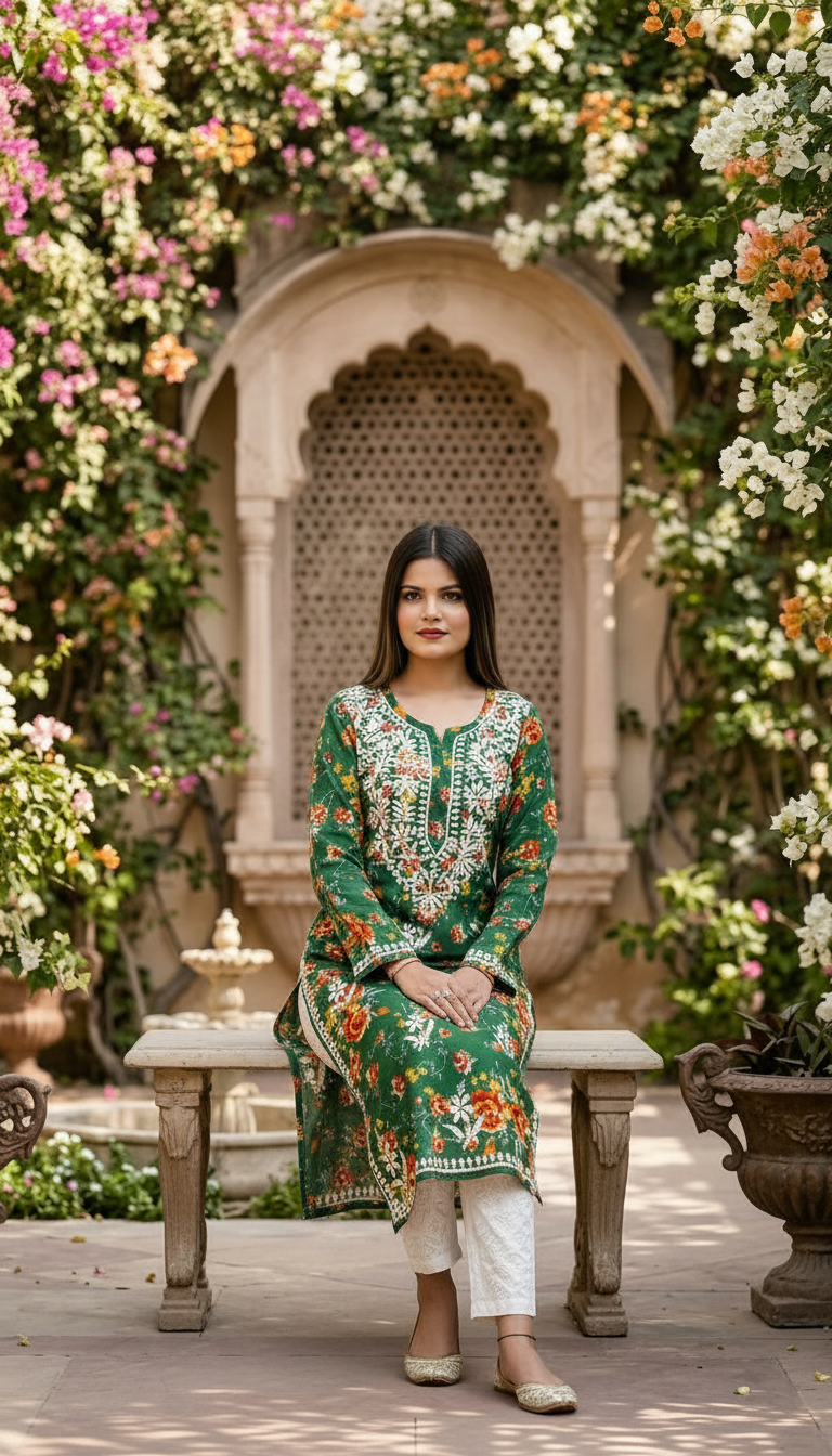 Chikankari Hand Embroidered Printed Kurti view 3