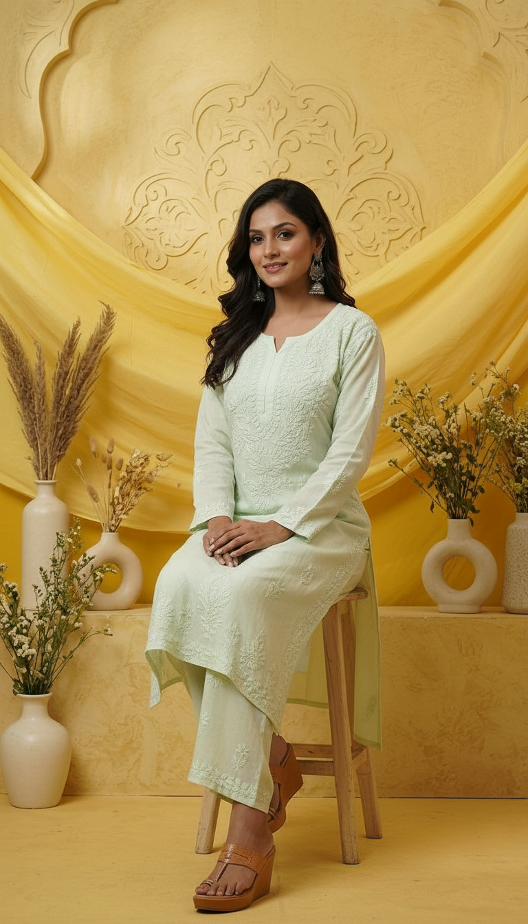 Chikankari Hand Embroidered Modal Suit Set Kurti & Plazzo view 4