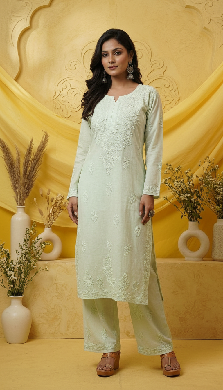 Chikankari Hand Embroidered Modal Suit Set Kurti & Plazzo view 3