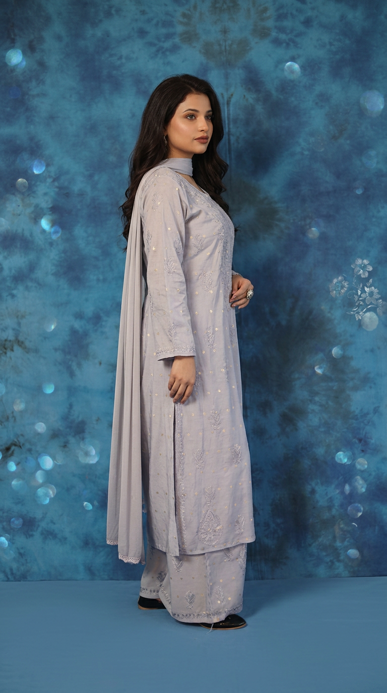 Chikankari Hand Embroidered Chanderi Suit Set view 2
