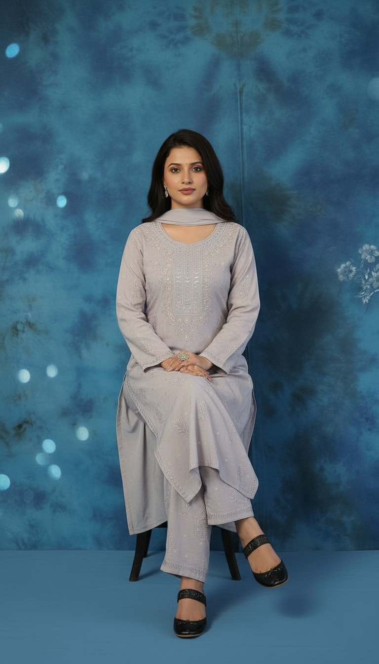 Chikankari Hand Embroidered Chanderi Suit Set view 3