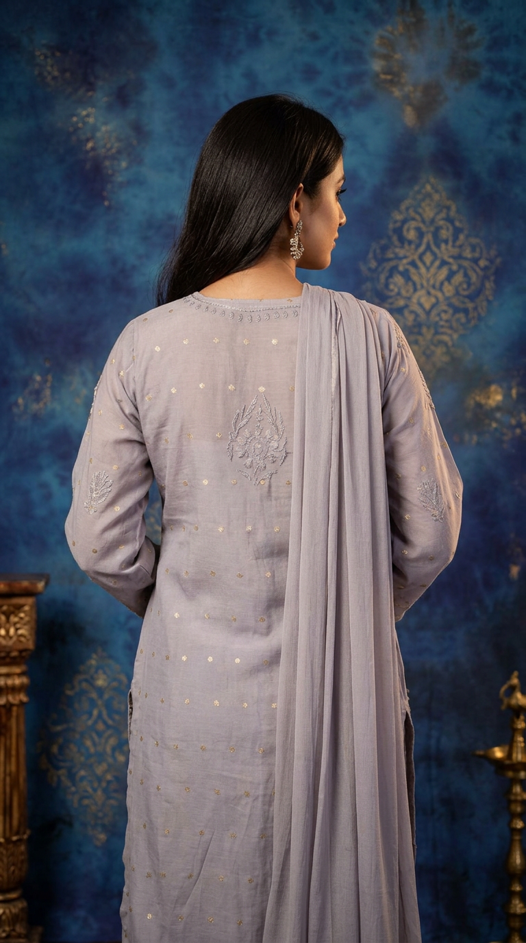 Chikankari Hand Embroidered Chanderi Suit Set view 5