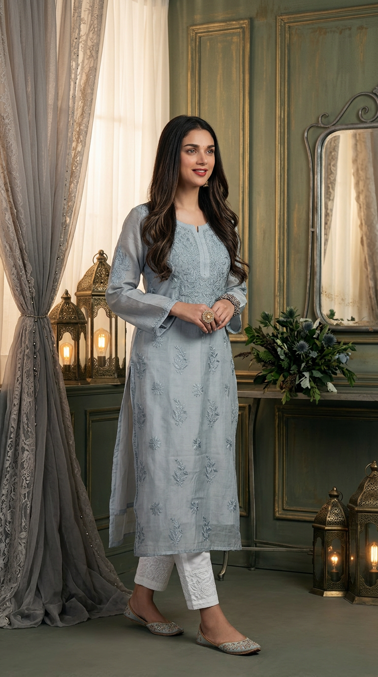 Chikankari Hand Embroidered Chanderi Kurti Ghaas Patti Work
