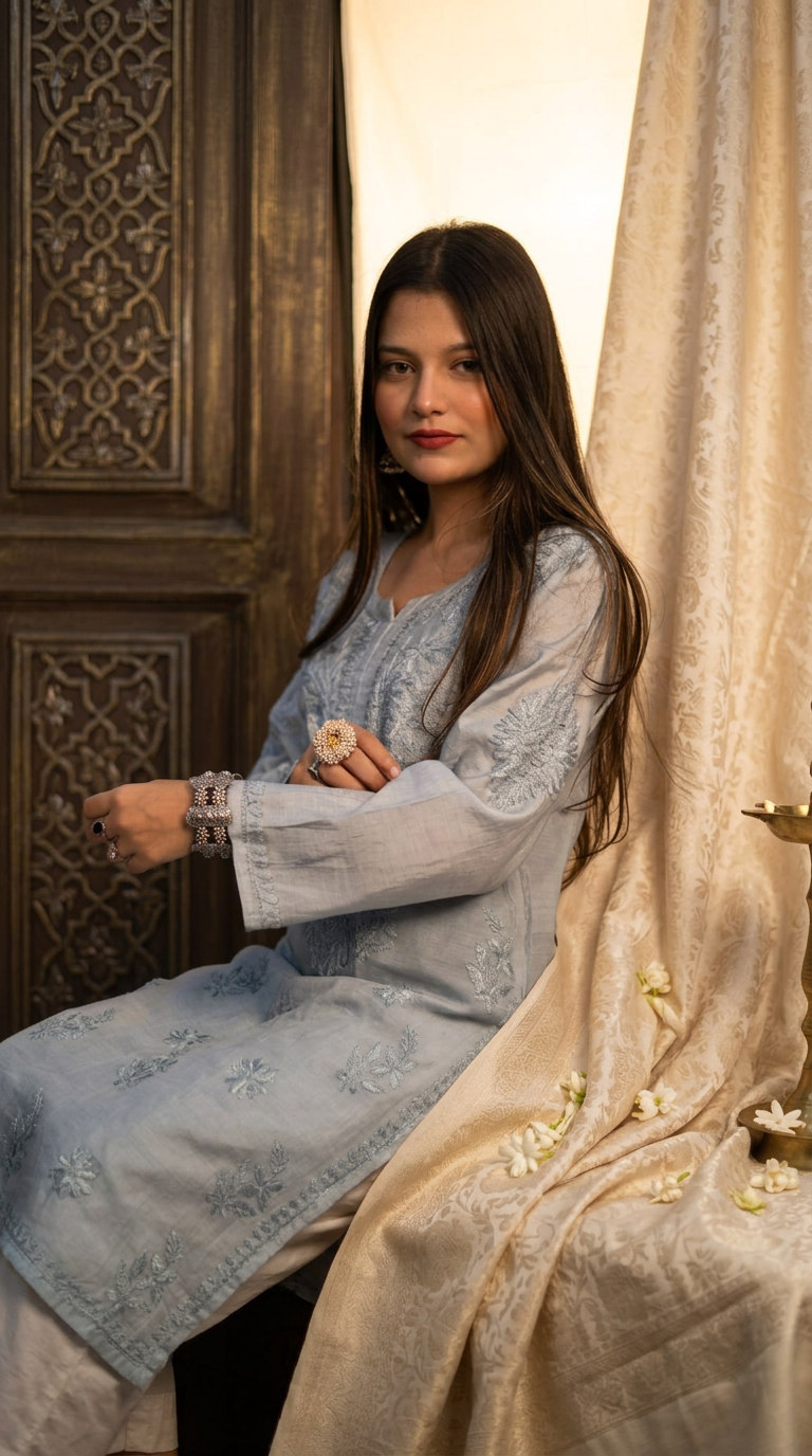 Chikankari Hand Embroidered Chanderi Kurti Ghaas Patti Work view 2