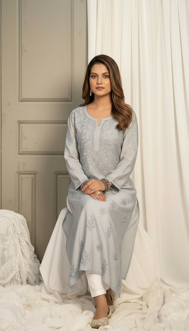Chikankari Hand Embroidered Chanderi Kurti Ghaas Patti Work view 5