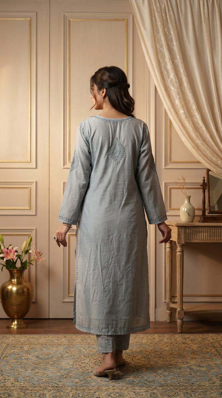 Chikankari Hand Embroidered Chanderi Kurti Ghaas Patti Work view 6