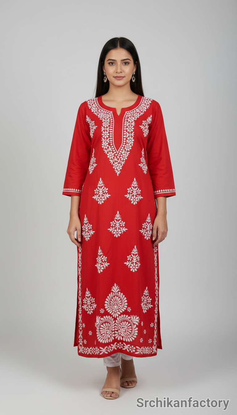 Red Embroidered Kurta view 6