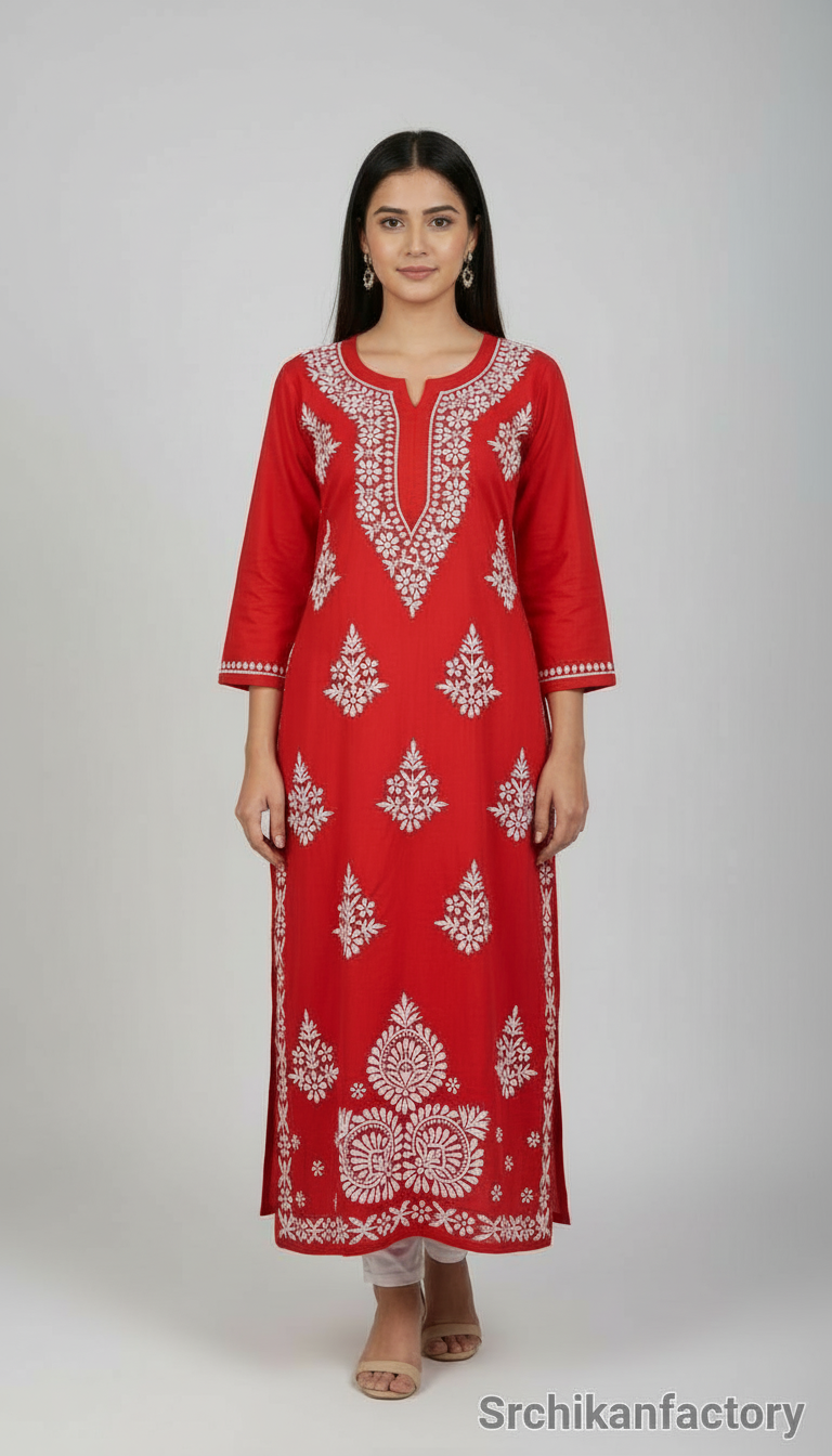 Red Embroidered Kurta view 4