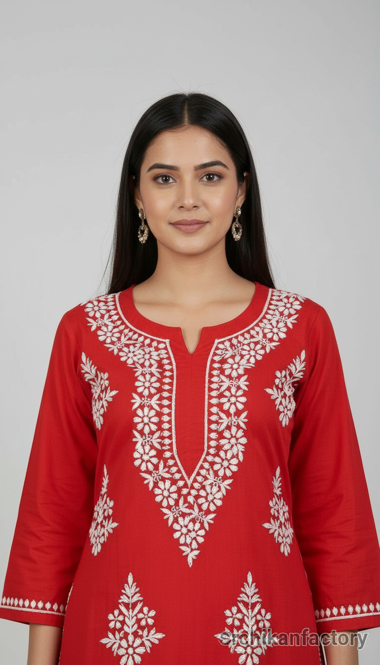Red Embroidered Kurta view 3