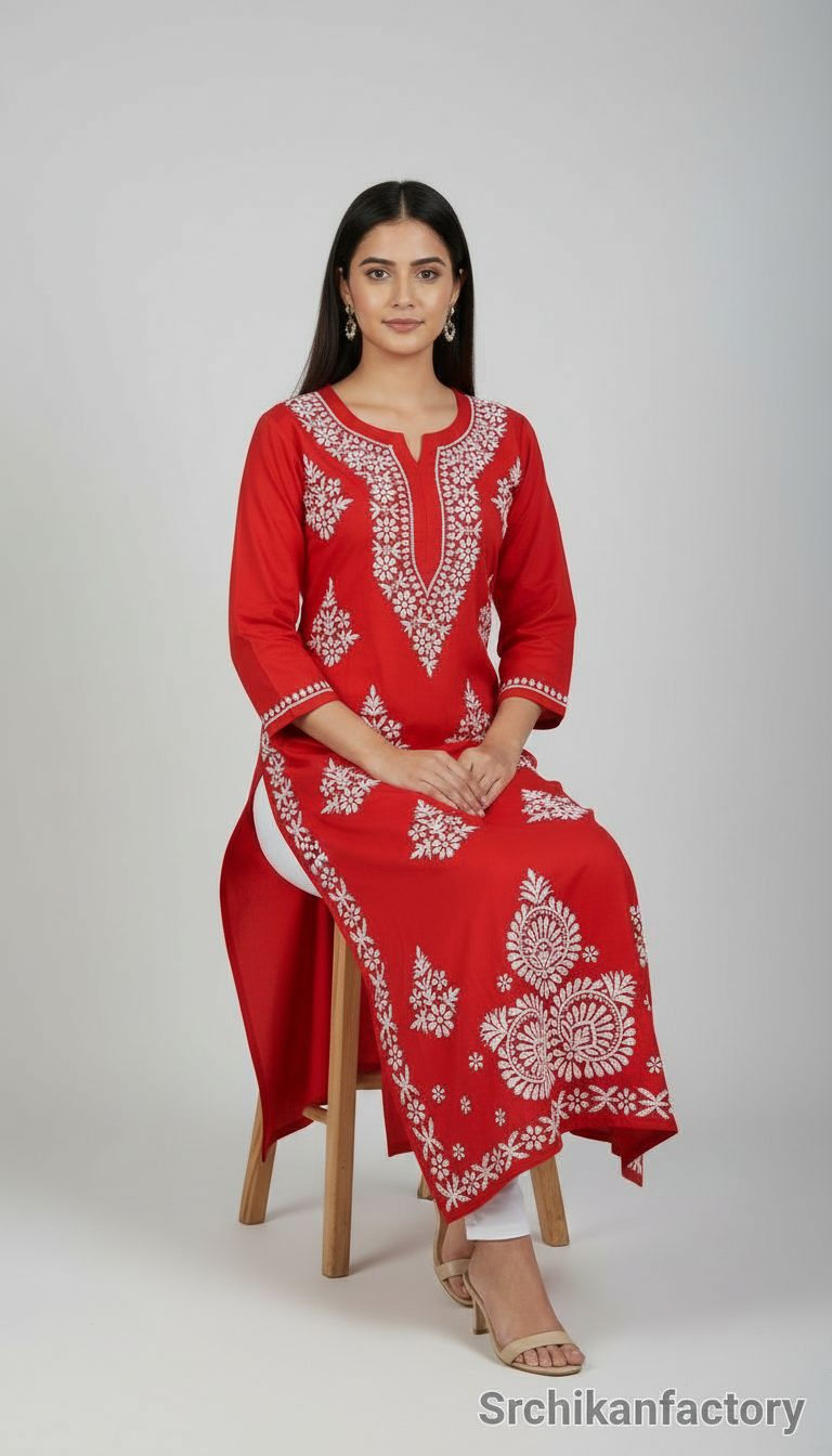 Red Embroidered Kurta view 5