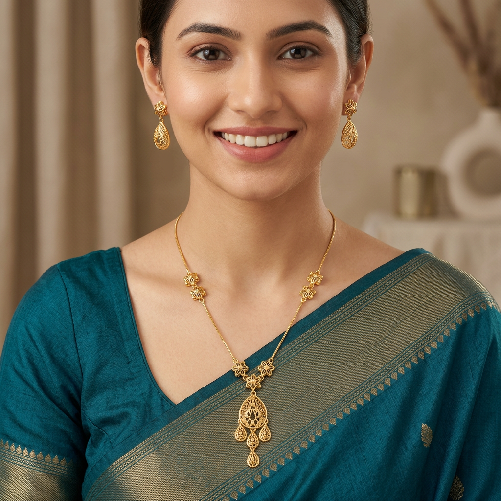 Aviraam Gold Floral Necklace and Earring Set view 2