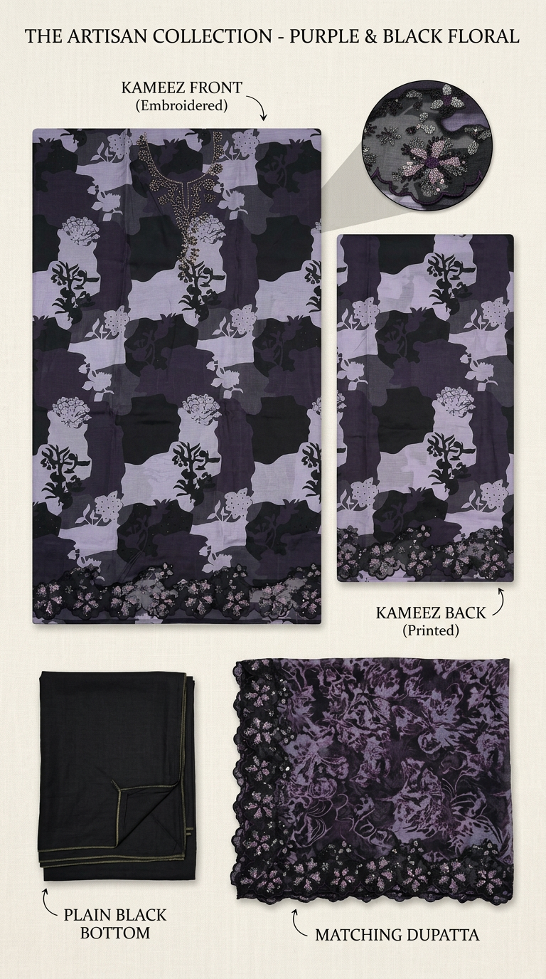 Artisan Collection Unstitched Suit - Purple & Black Floral SD00144 6438A view 4