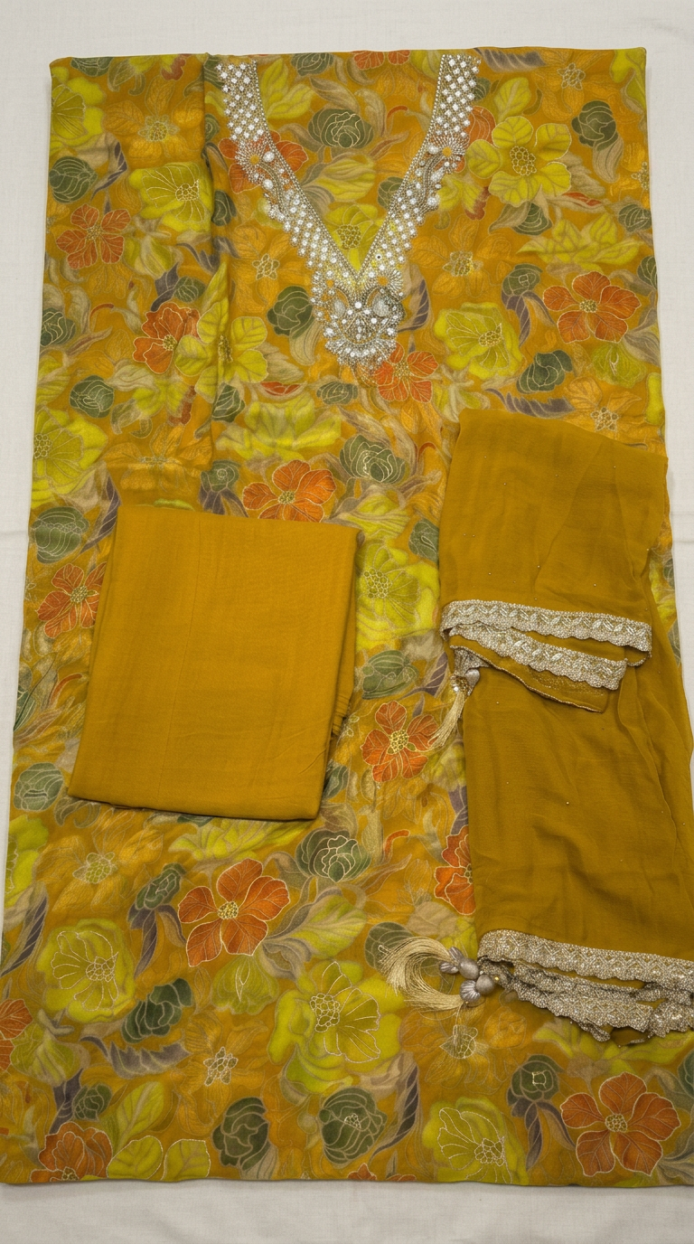 Floral Yellow Unstitched Suit Set HC002264 view 5