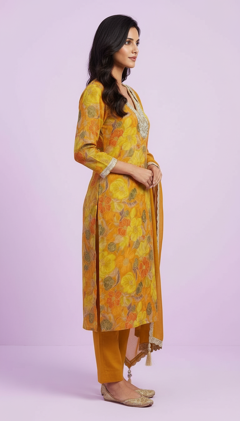 Floral Yellow Unstitched Suit Set HC002264 view 2