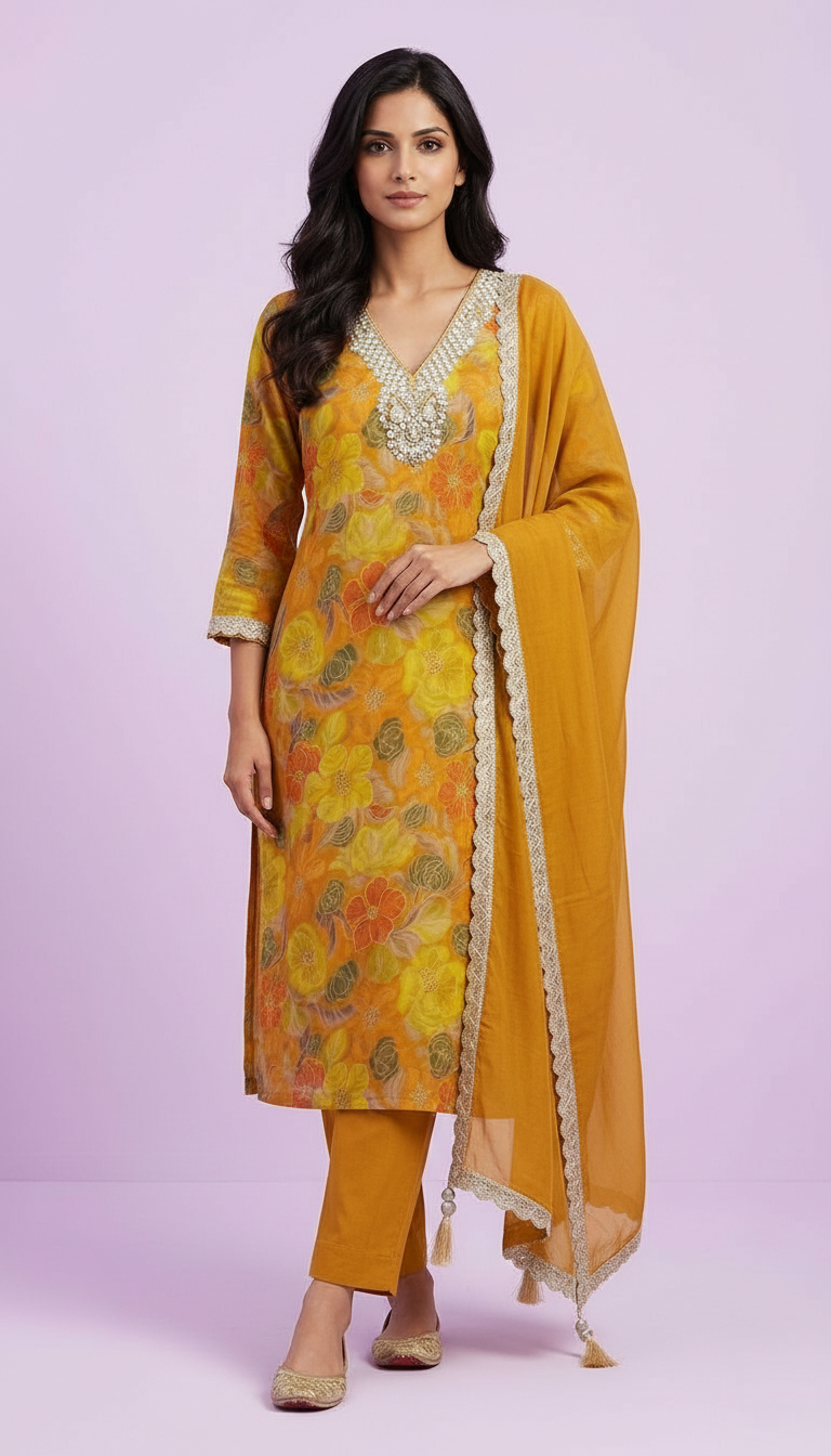 Floral Yellow Unstitched Suit Set HC002264 view 6