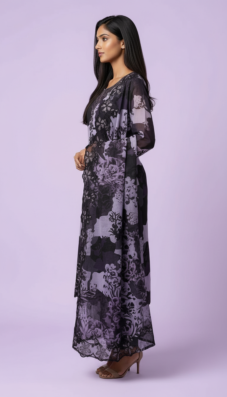 Artisan Collection Unstitched Suit - Purple & Black Floral SD00144 6438A view 3