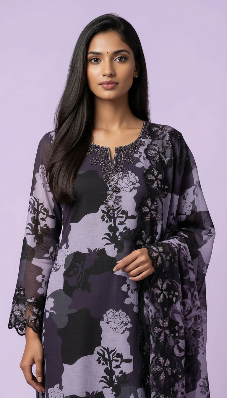 Artisan Collection Unstitched Suit - Purple & Black Floral SD00144 6438A view 2
