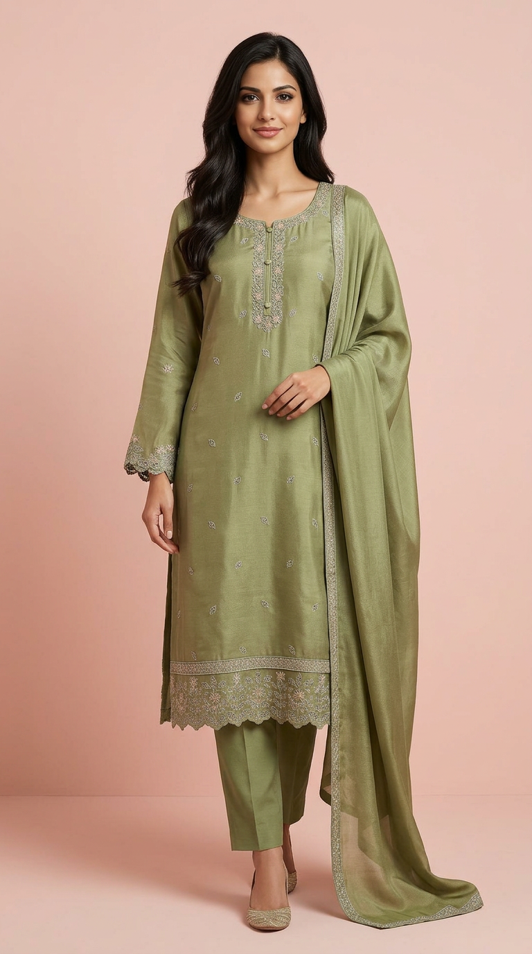 Stylish Embroidered Olive Green Unstitched Suit - Mehendi  9975 / HC002134 view 5