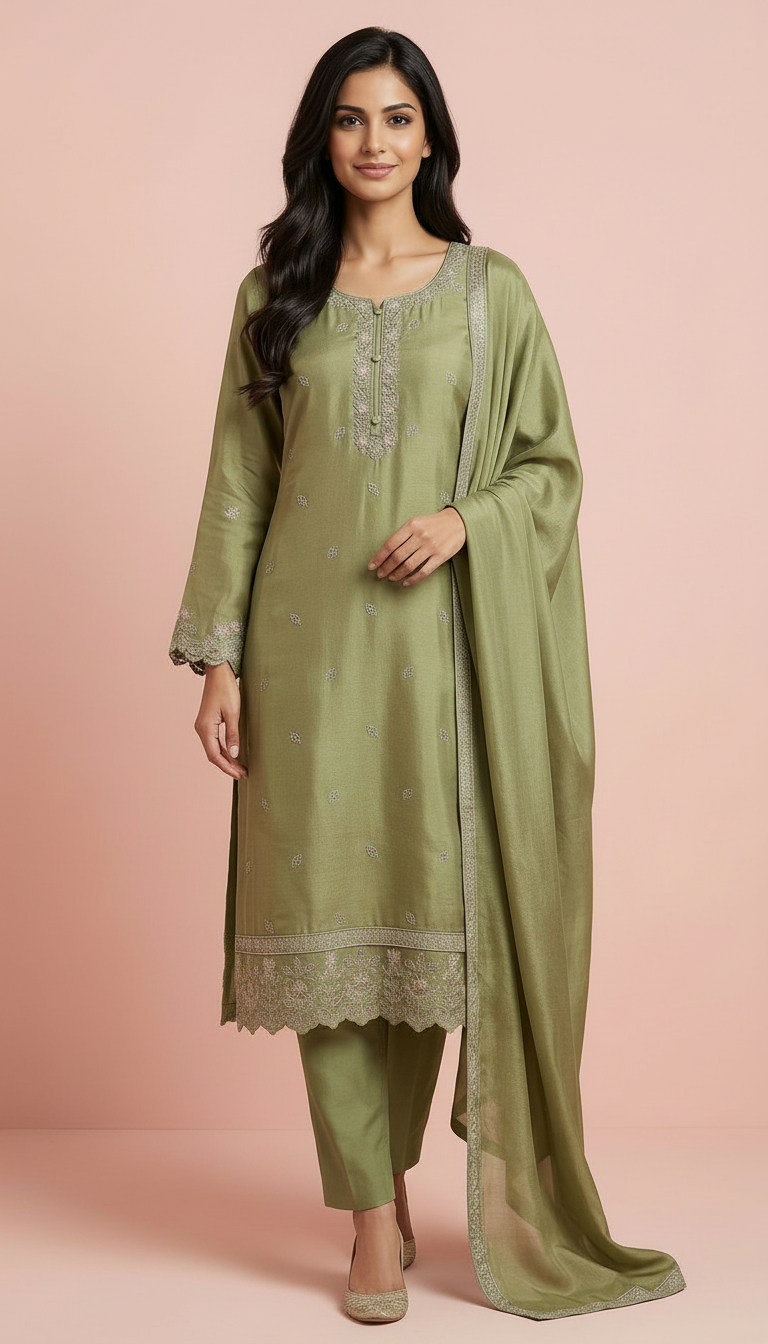 Stylish Embroidered Olive Green Unstitched Suit - Mehendi  9975 / HC002134 view 4