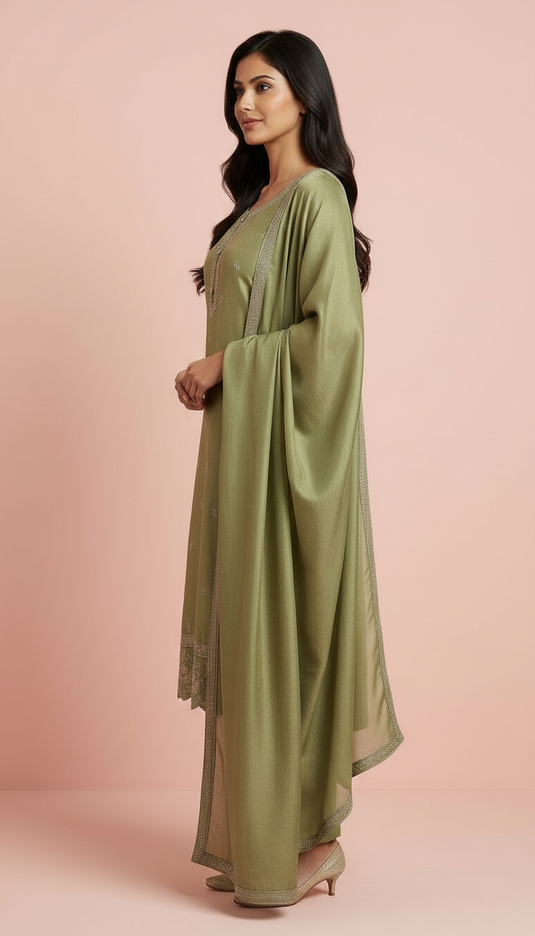 Stylish Embroidered Olive Green Unstitched Suit - Mehendi  9975 / HC002134 view 2