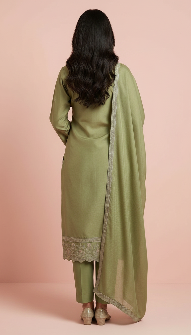 Stylish Embroidered Olive Green Unstitched Suit - Mehendi  9975 / HC002134 view 3
