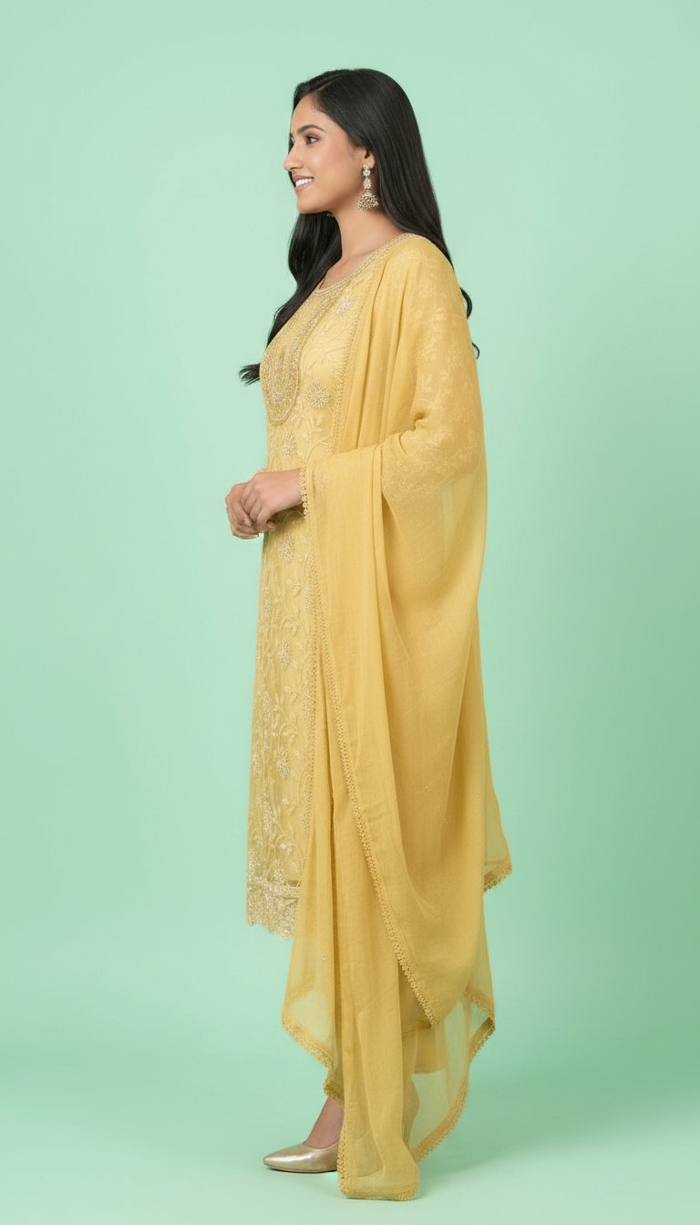 Fully Embroidered Pure Chiffon Unstitched 3 piece Suit Yellow view 3