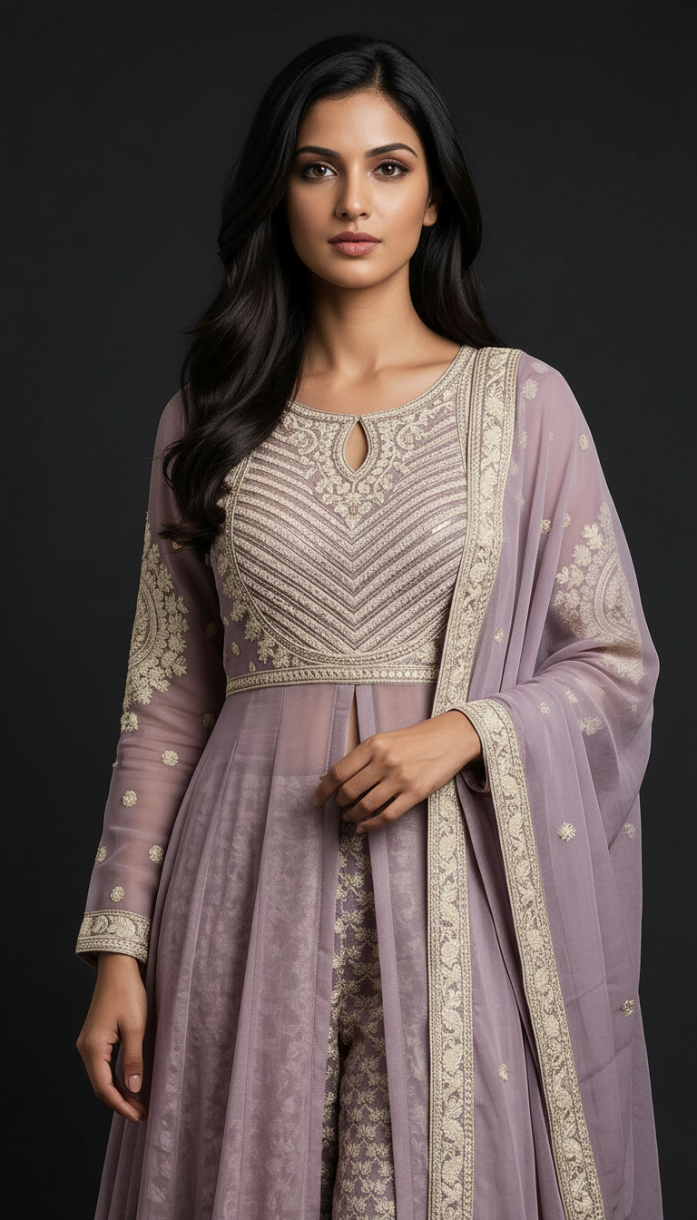 Lavender embroidered work chinon chiffon long shrug-koti blouse & plazzo stitched /9181 - M / HC00814 view 2