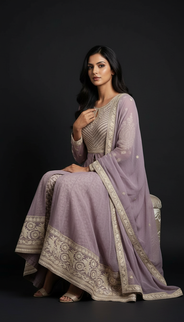 Lavender embroidered work chinon chiffon long shrug-koti blouse & plazzo stitched /9181 - M / HC00814 view 3