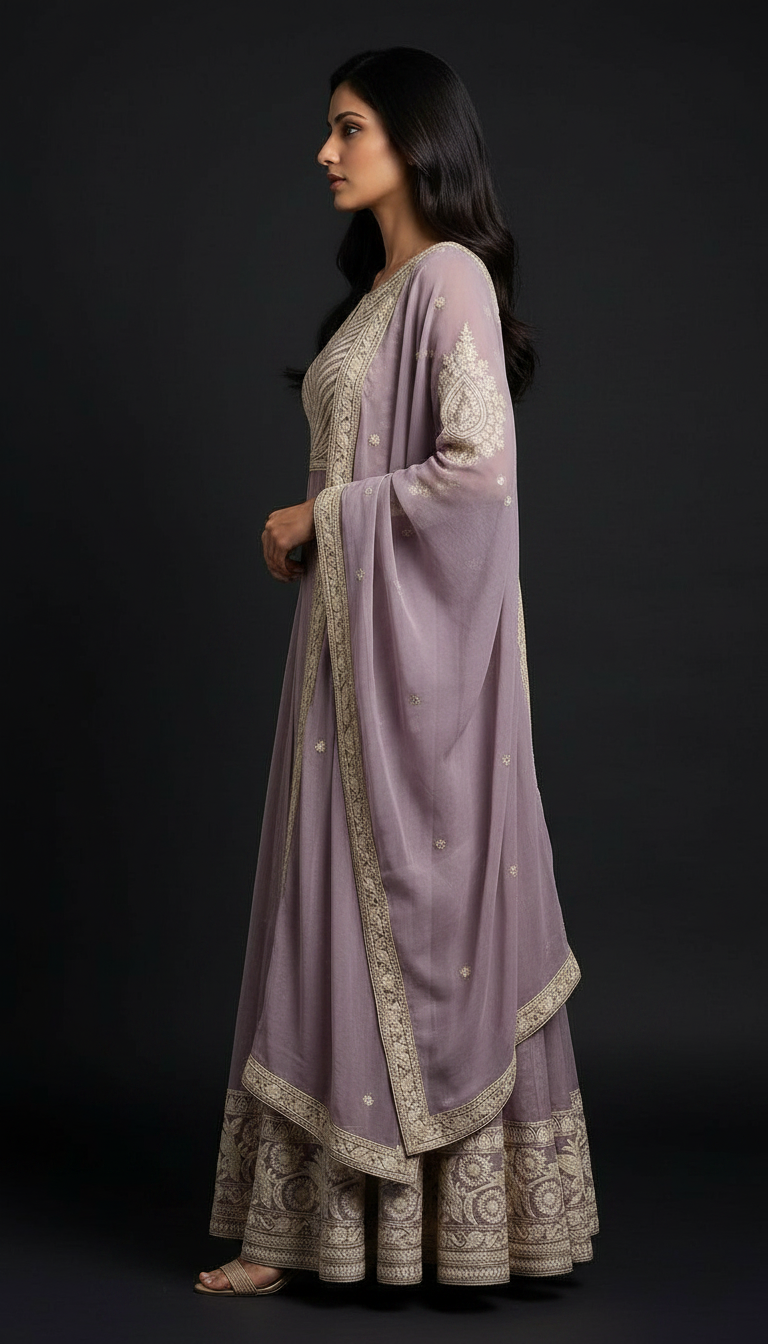 Lavender embroidered work chinon chiffon long shrug-koti blouse & plazzo stitched /9181 - M / HC00814 view 5
