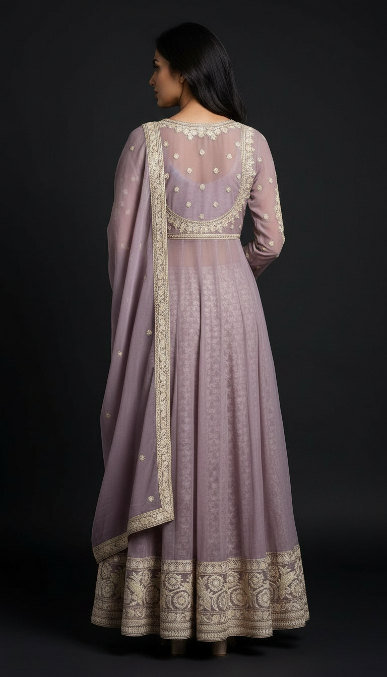 Lavender embroidered work chinon chiffon long shrug-koti blouse & plazzo stitched /9181 - M / HC00814 view 4