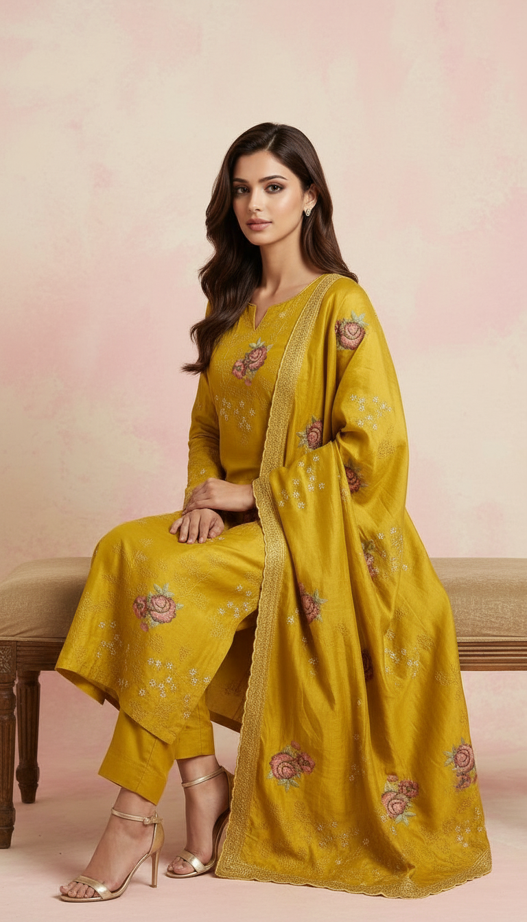 Heavy Embroidered Reshm Work Yellow / HC001798 view 3