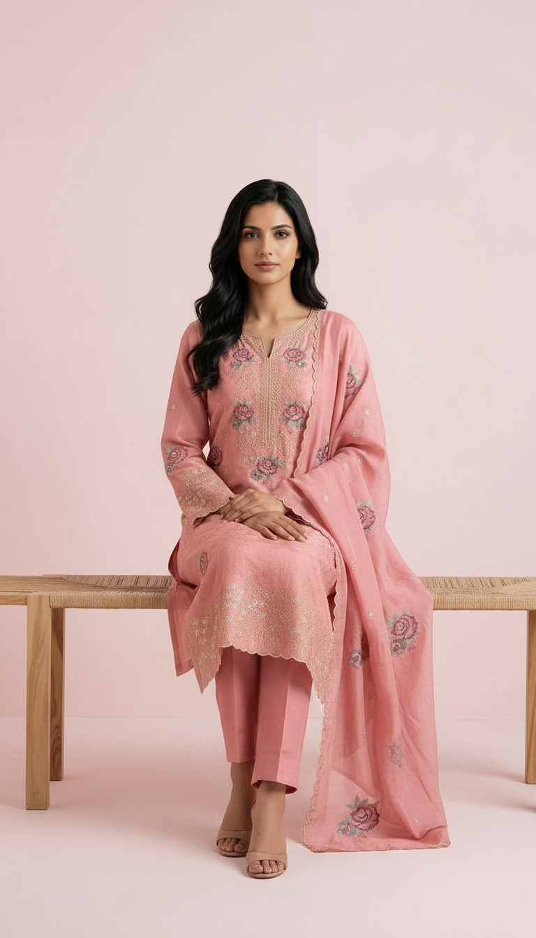 Heavy Embroidered Reshm Work Suit -  Baby Pink / HC001798 view 3