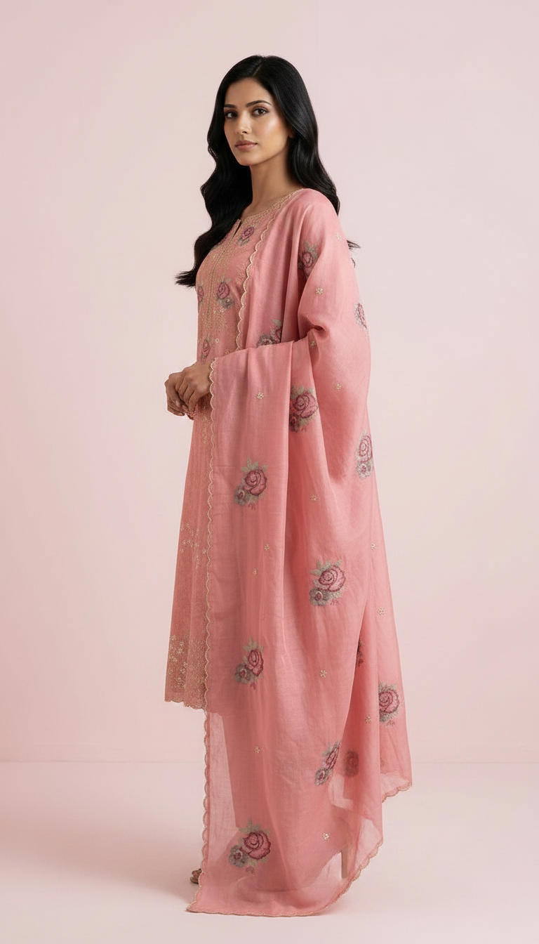 Heavy Embroidered Reshm Work Suit -  Baby Pink / HC001798 view 2