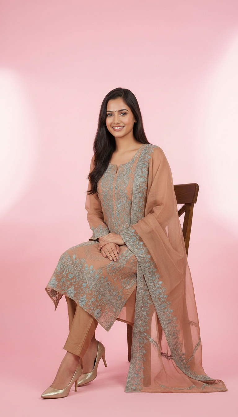 Pure Organza Suit Heavy Kasheeda Kaari Work - Brown  HC002290 view 3