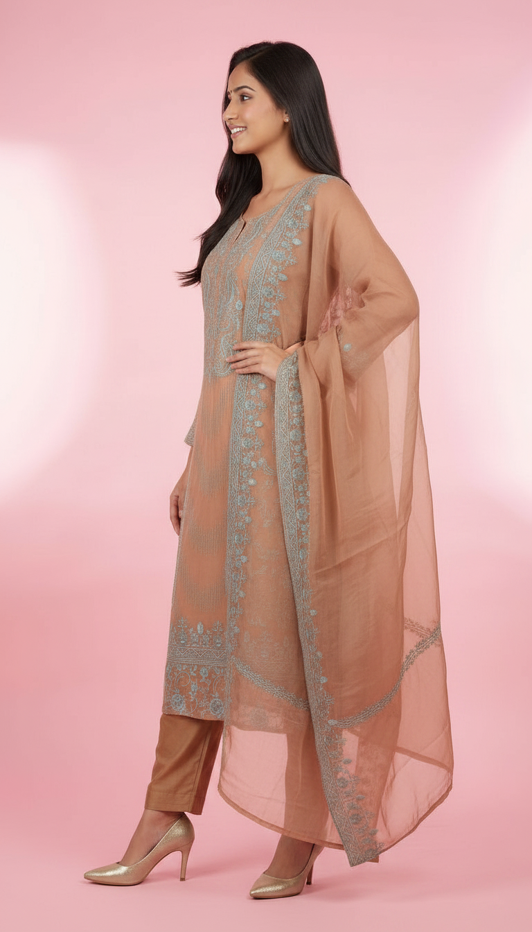 Pure Organza Suit Heavy Kasheeda Kaari Work - Brown  HC002290 view 2