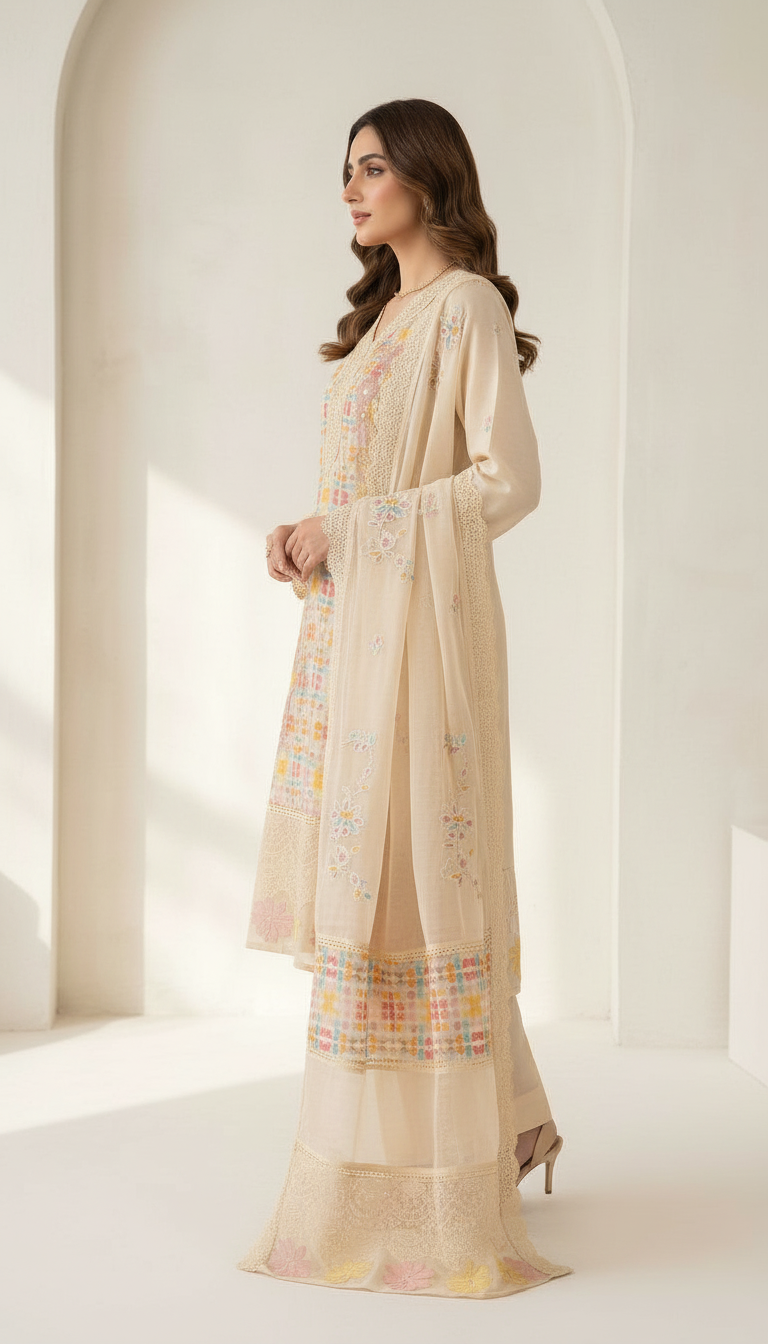 Pure Printed Organza Stylish Designer Suit Cream  / HC002271 view 2
