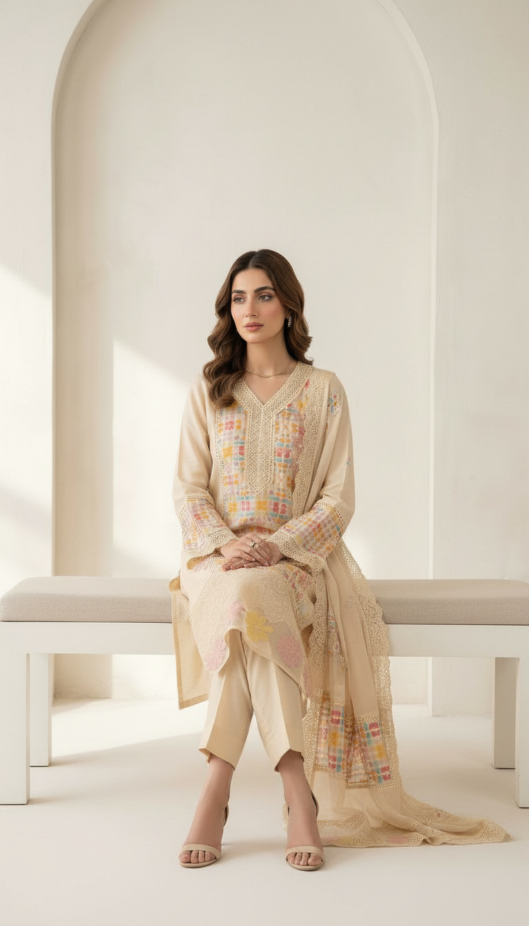 Pure Printed Organza Stylish Designer Suit Cream  / HC002271 view 3