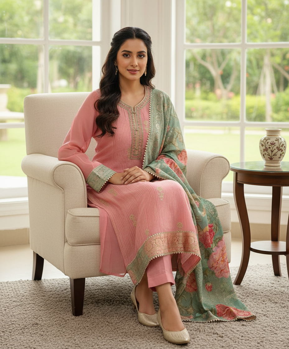 Pure Organza Embroidered Semi Unstitched Suit - Pink - A 5 / HC001673 view 3