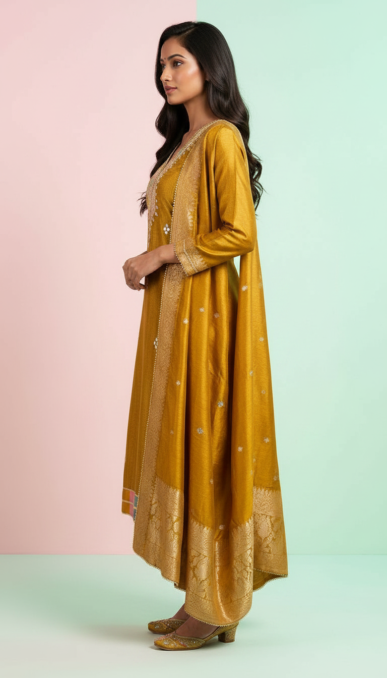 Pure Silk Jacquard Work Stylish Suit - Mustard 19 / HC001809 view 2