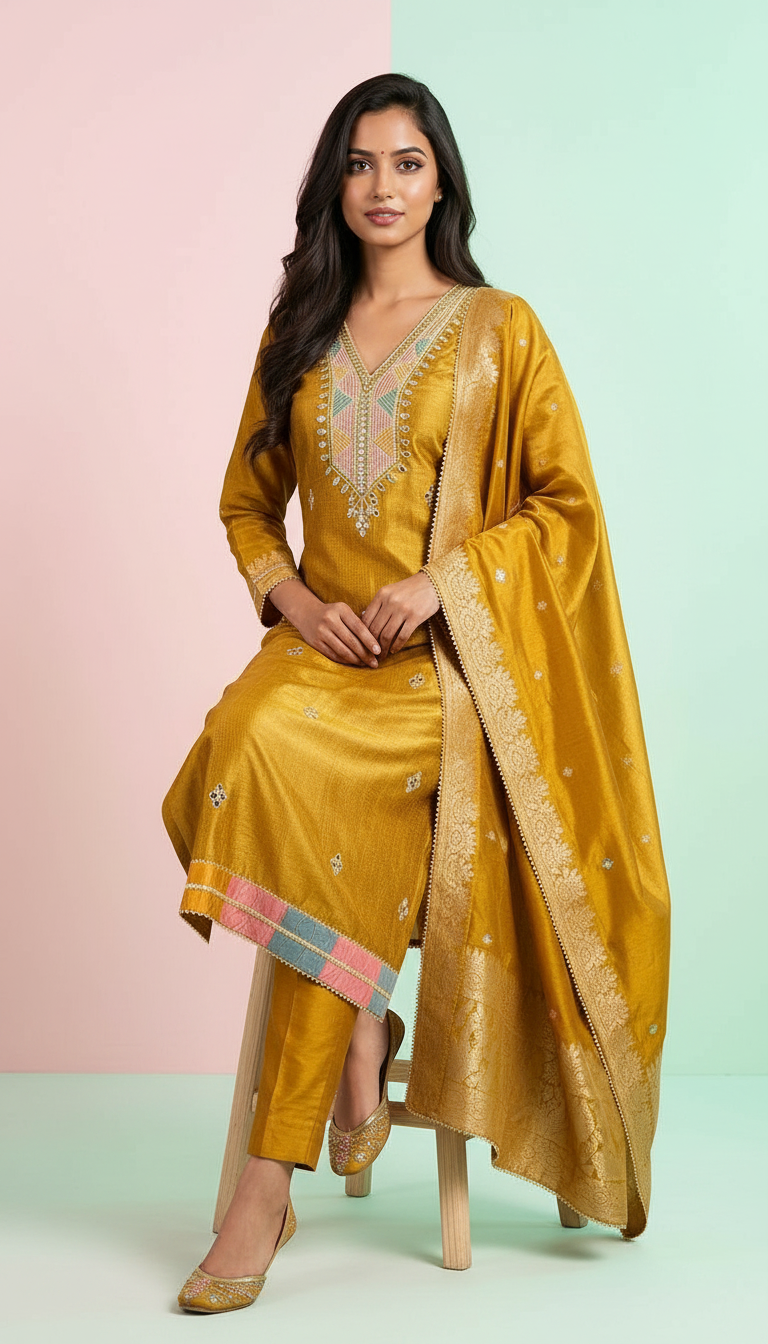 Pure Silk Jacquard Work Stylish Suit - Mustard 19 / HC001809 view 4
